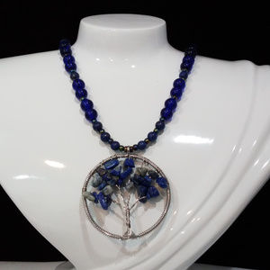 Lapis Lazuli Tree of Life Silvertone Necklace